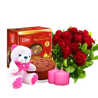 Elite Rich plum cake Rose Flower and Teddy Bear combo